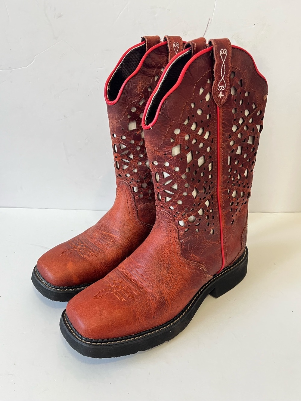 Justin Leather Western Cowboy Boots Women's Red Brown Size 9.5B